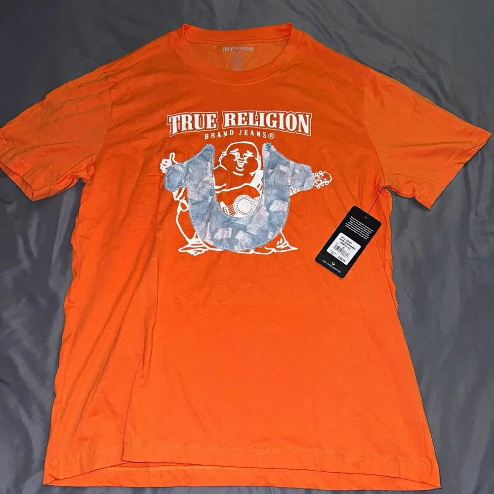 True Religion Buddha Denim Fill Tee Graphic Logo SS Crew Neck T-Shirt Orange XL